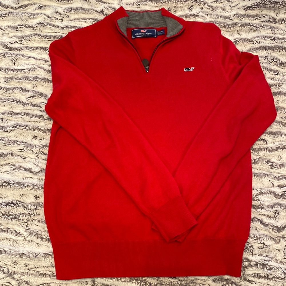 Boys, M (12-14), Vineyard Vines quarter-zip sweater. Red. Very gently worn.